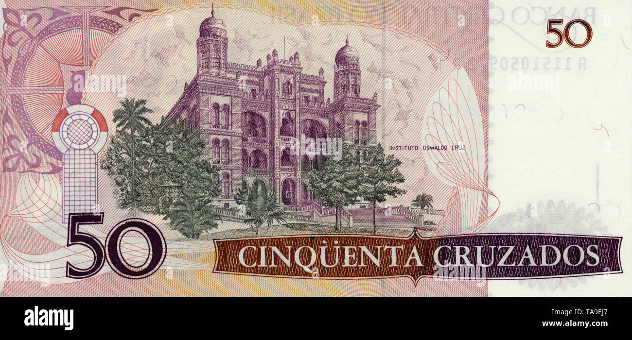 Banknote aus Brasilien, 50 Cruzados, Instituto Oswaldo Cruz, 1986 Stock Photo