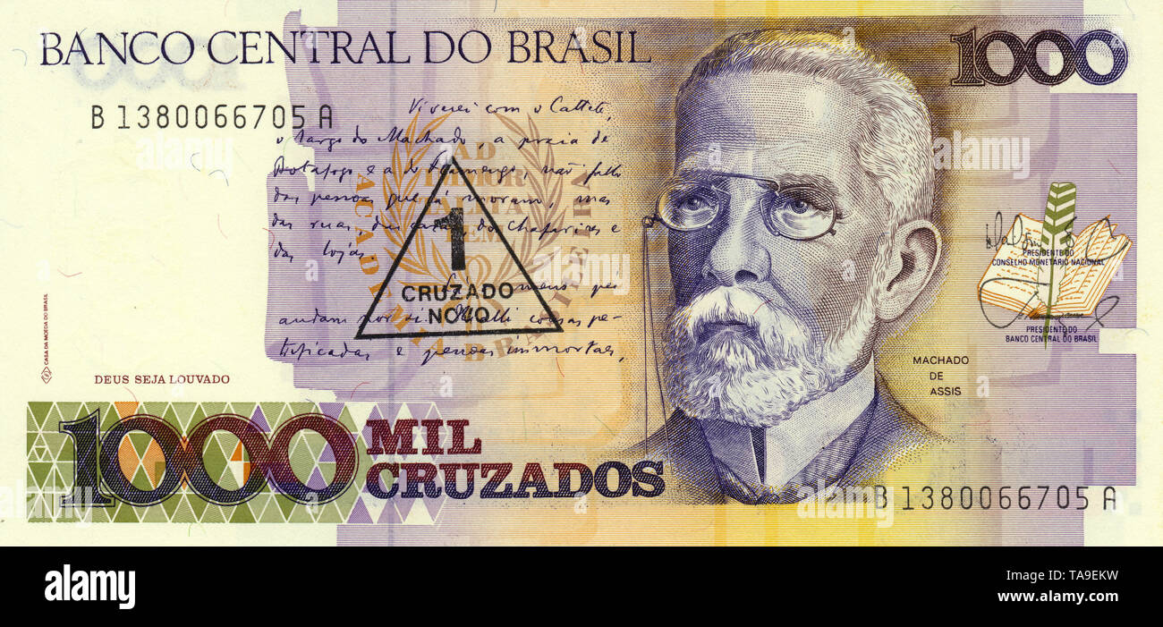 Banknote aus Brasilien, 1000 Cruzados, Machado de Assis, 1986 Stock Photo