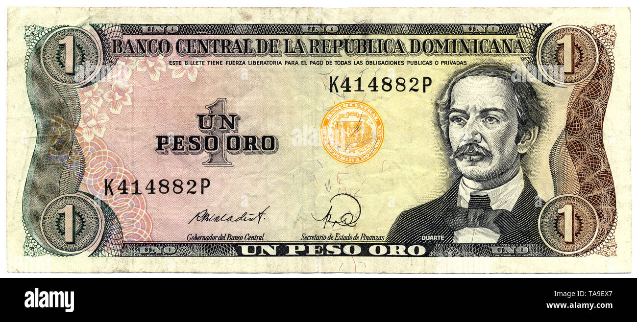 Historische Banknote, Dominikanische Republik 1 Peso Oro, der Freiheitskämpfer Juan Pablo Duarte, 1988, Dominican Republic, Banco Central Republica Dominicana Stock Photo