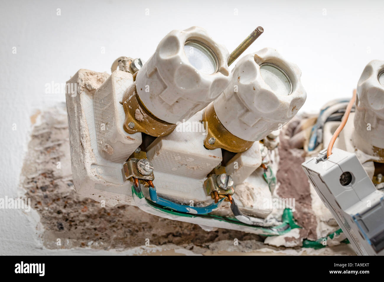 Old fuse and wires connectors, improvised dangerous, hazardous electric