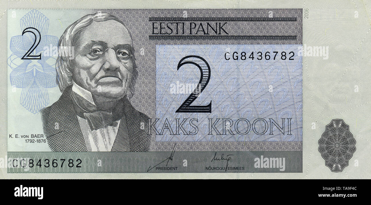 Banknote aus Estland, 2 Kronen, Karl Ernst von Baer, 2006, Banknote from Estonia, 2 kroon Stock Photo