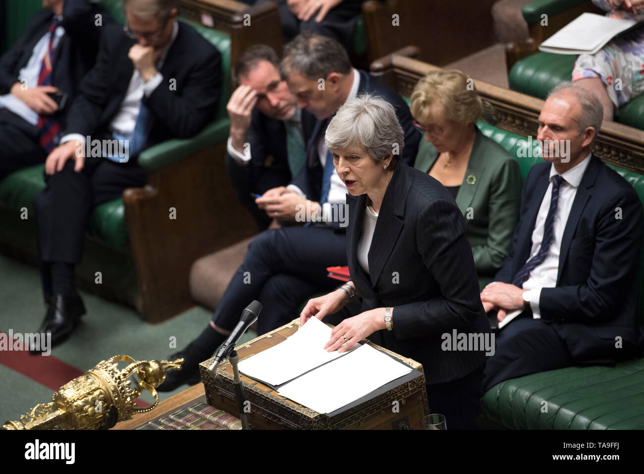 London, Britain. 22nd May, 2019. British Prime Minister Theresa May (front) and the leader of the House of Commons Andrea Leadsom (2nd R, rear) attend the Prime Minister's Questions at the House of Commons in London, Britain, on May 22, 2019. The British leader of the House of Commons Andrea Leadsom on Wednesday resigned amid growing discontent with the prime minster's leadership, one day after the new Brexit agreement backfired. Credit: UK Parliament/Jessica Taylor/Xinhua/Alamy Live News Stock Photo