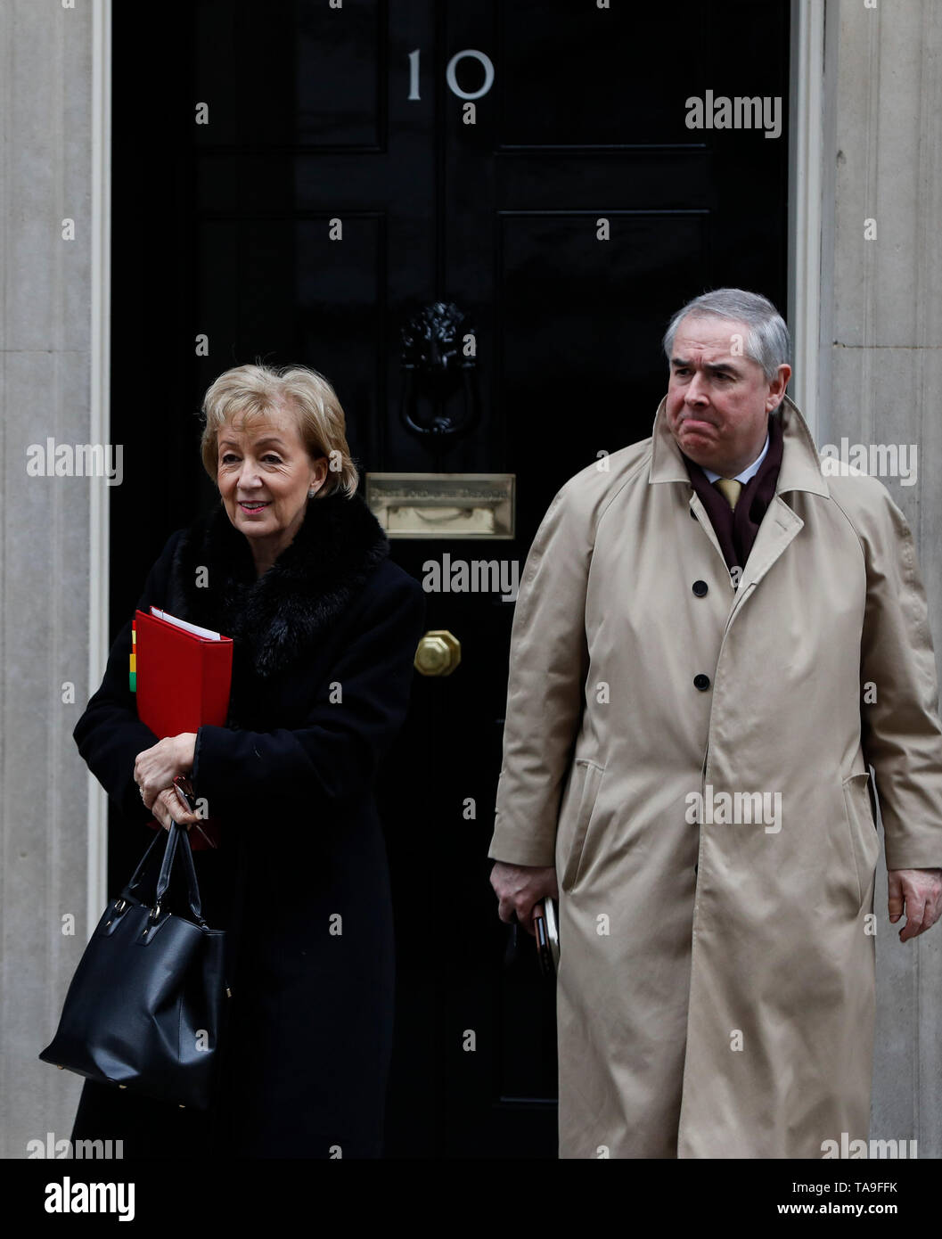 London, UK. 12th Feb, 2019. File photo taken on Feb. 12, 2019 shows the British leader of the House of Commons Andrea Leadsom (L) leaves 10 Downing Street after a cabinet meeting in London, Britain. The British leader of the House of Commons Andrea Leadsom on Wednesday resigned amid growing discontent with the prime minster's leadership, one day after the new Brexit agreement backfired. Credit: Han Yan/Xinhua/Alamy Live News Stock Photo