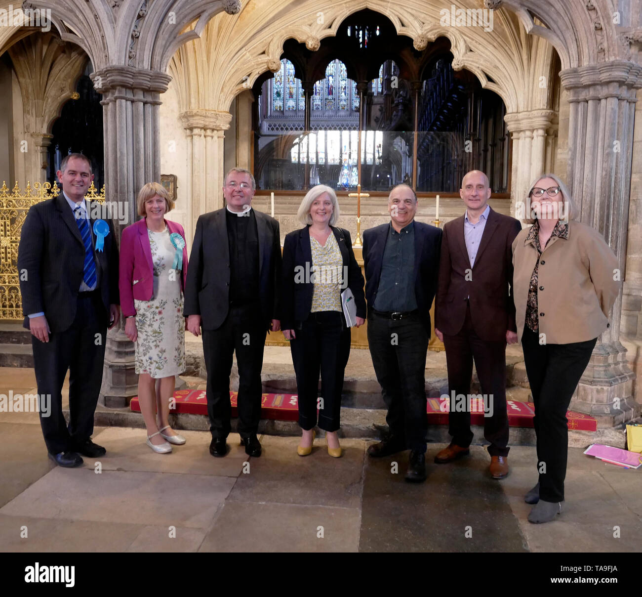 Exeter, UK. 22nd May, 2019. Hustings at Exeter Cathedral. Candidates for the South West and Gibraltar. Left to Right. James Taghdissian, Conservative Party, Ann Tarr, Brexit Party, Jonathan Greener Dean of Exeter Cathedral, Caroline Voaden, Liberal Democrats. AN Other UKIP, Andrew Adonis, Labour Party, Liz Sewell, Change UK Credit: Anthony Collins/Alamy Live News Stock Photo