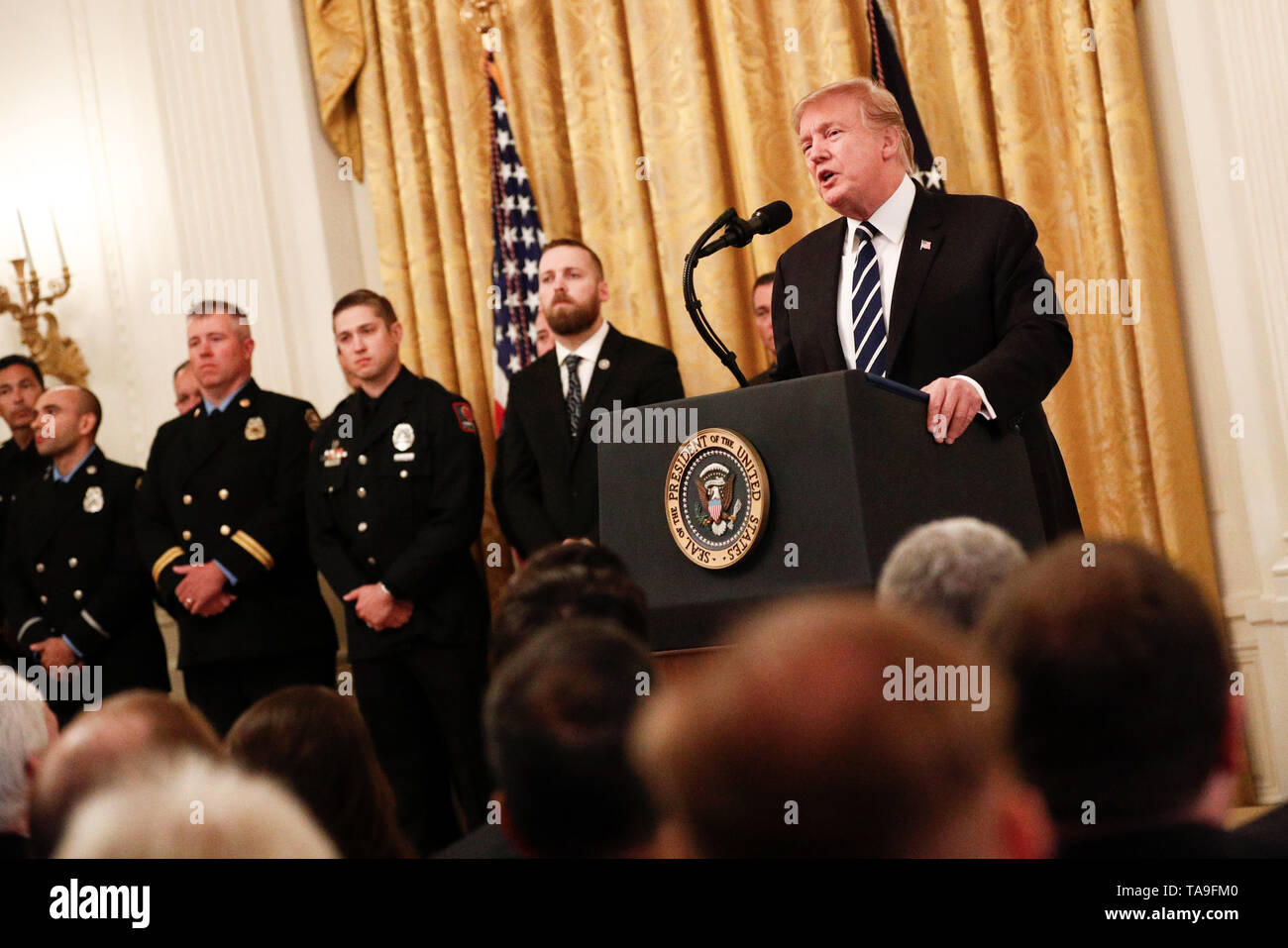 Washington, USA. 22nd May, 2019. U.S. President Donald Trump (1st R, back) speaks during the Public Safety Officer Medal of Valor presenting ceremony at the White House in Washington, DC, the United States, on May 22, 2019. Credit: Ting Shen/Xinhua/Alamy Live News Stock Photo