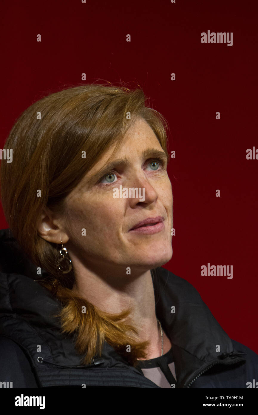 May 28, 2014, Harvard University, Cambridge, MA USA: U.S. Ambassador to the United Nations, Samantha Power delivers the Harvard Kennedy School Commencement Address at Harvard University, Cambridge, MA. Stock Photo