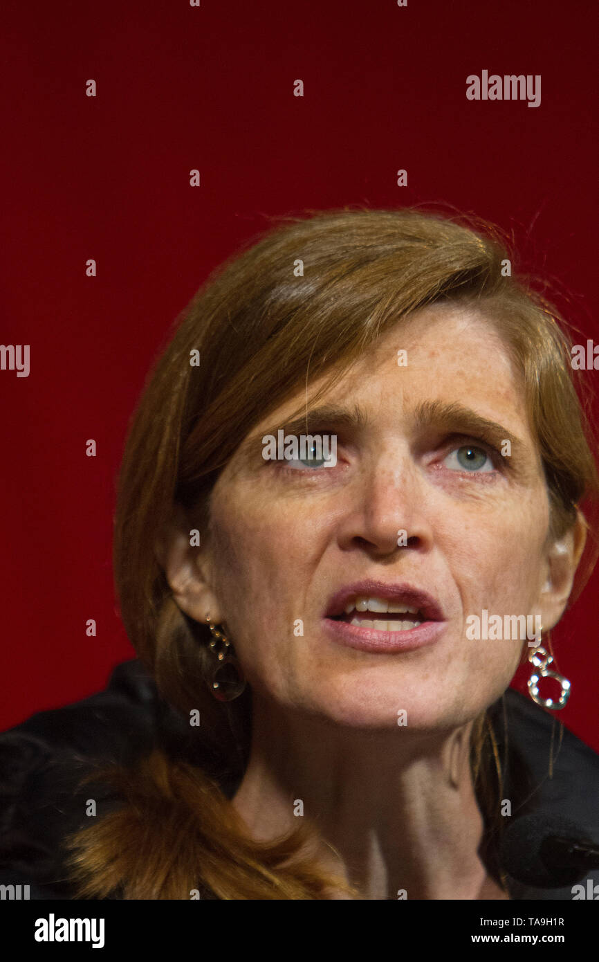 May 28, 2014, Harvard University, Cambridge, MA USA: U.S. Ambassador to the United Nations, Samantha Power delivers the Harvard Kennedy School Commencement Address at Harvard University, Cambridge, MA. Stock Photo