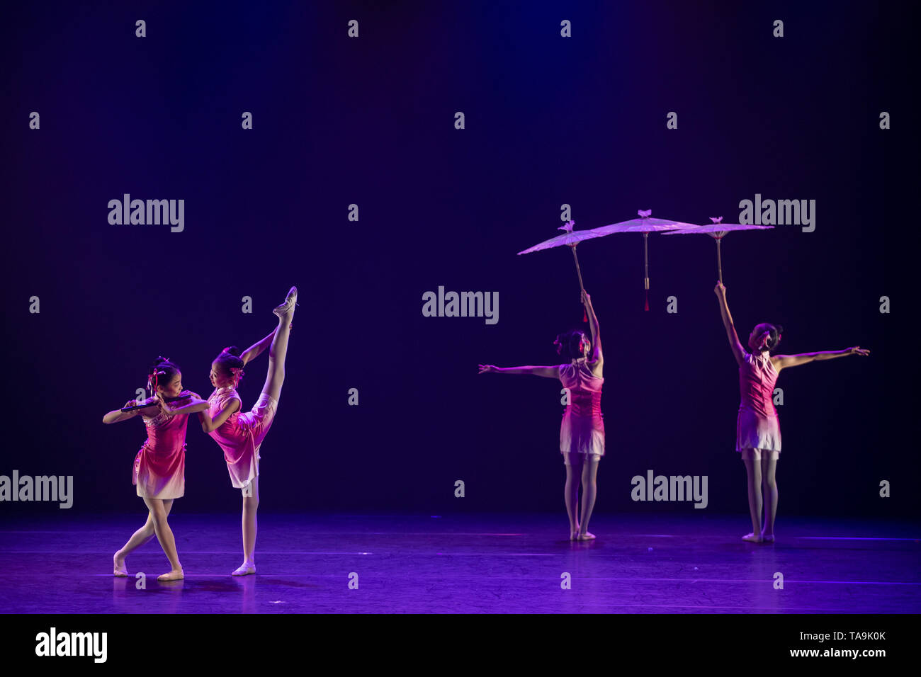 Helsinki, Finland. 21st May, 2019. Children from the Nanjing Little Red Flower Art Troupe of China perform at the Alexander Theatre in Helsinki, Finland, May 21, 2019. Credit: Matti Matikainen/Xinhua/Alamy Live News Stock Photo