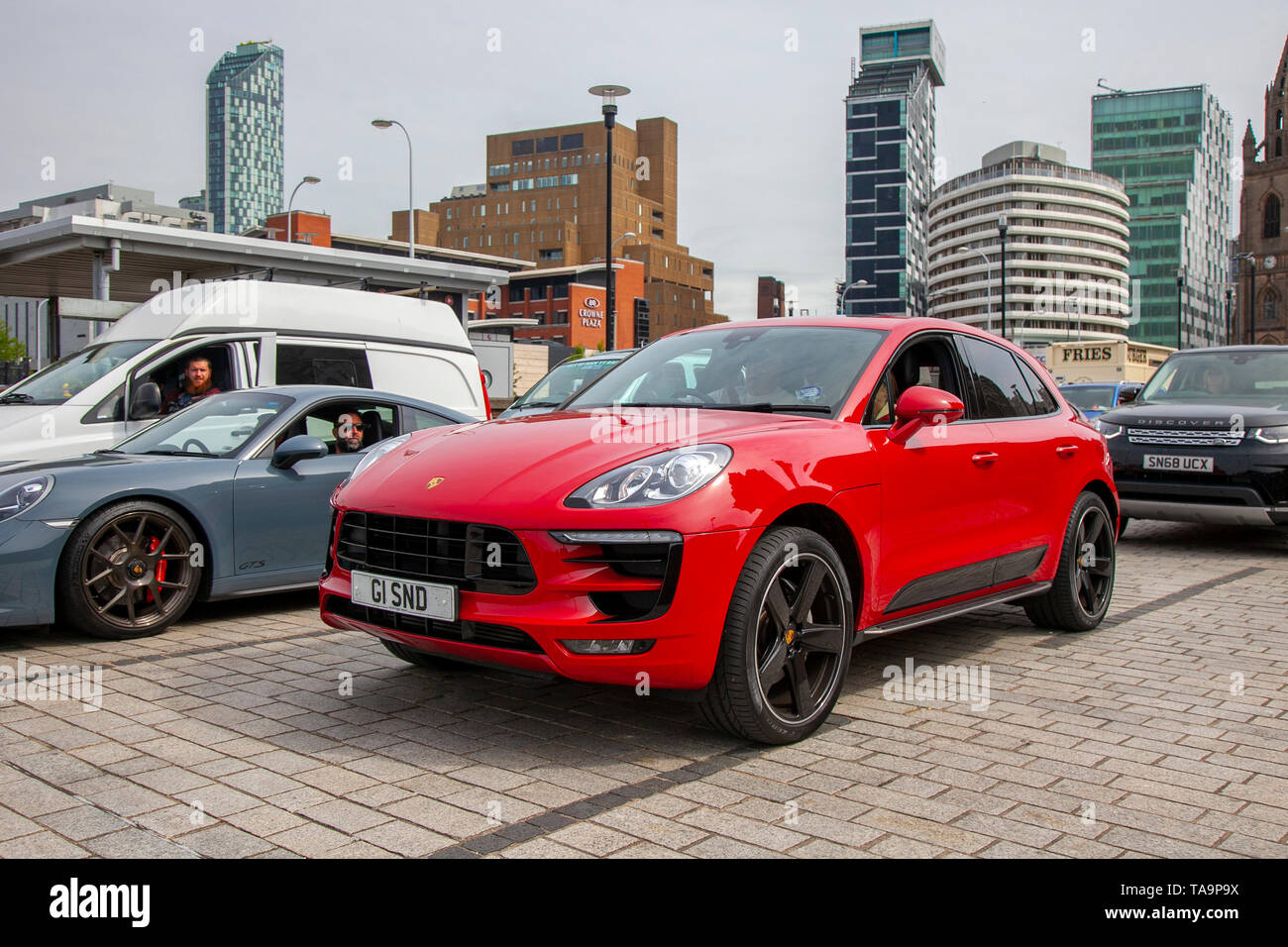 Liverpool, Merseyside. 23rd May, 2019 UK Weather: Fine, sunny sailing condition as up to 200 motorcyclists and tens of supercars including a Porsche Macan S D S-A, queue to board the ferry to the Isle of Man to attend the island TT races.  Extra ferry services are to be added to cope with the large demand for spectators travelling to attend this year’s top motor sport week of qualifying events of the fastest road race on the planet. Credit: MediaWorldImages/AlamyLiveNews Stock Photo