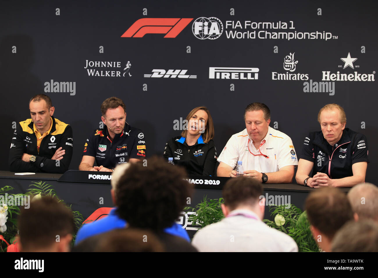 Monte Carlo, Monaco. 23rd May, 2019. F1 Grand Prix of Monte Carlo, Free practice; Cyril Abiteboul, Managing Director of Renault Sport Racing Formula 1 Team, Christian Horner, Team Principal of Red Bull Racing, Claire Williams, Deputy Team Principal of ROKiT Williams Racing, Zak Brown, Executive Director of McLaren Technology Group and Andy Stevenson, Sporting Director at SportPesa Racing Point at the press conference Credit: Action Plus Sports/Alamy Live News Stock Photo