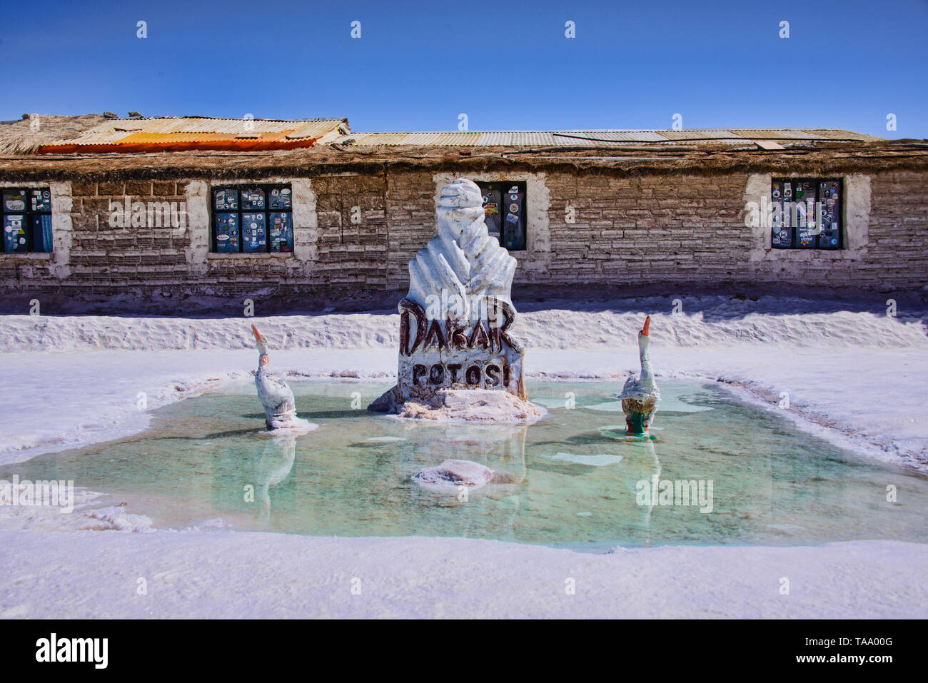 Salt sculpture honouring the Dakar Rally, Salar de Uyuni, Bolivia Stock Photo