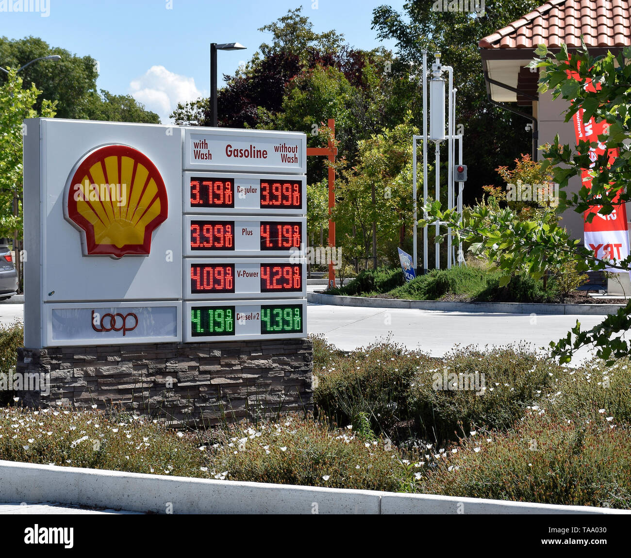Shell gas station electronic gasoline prices per gallon sign, San