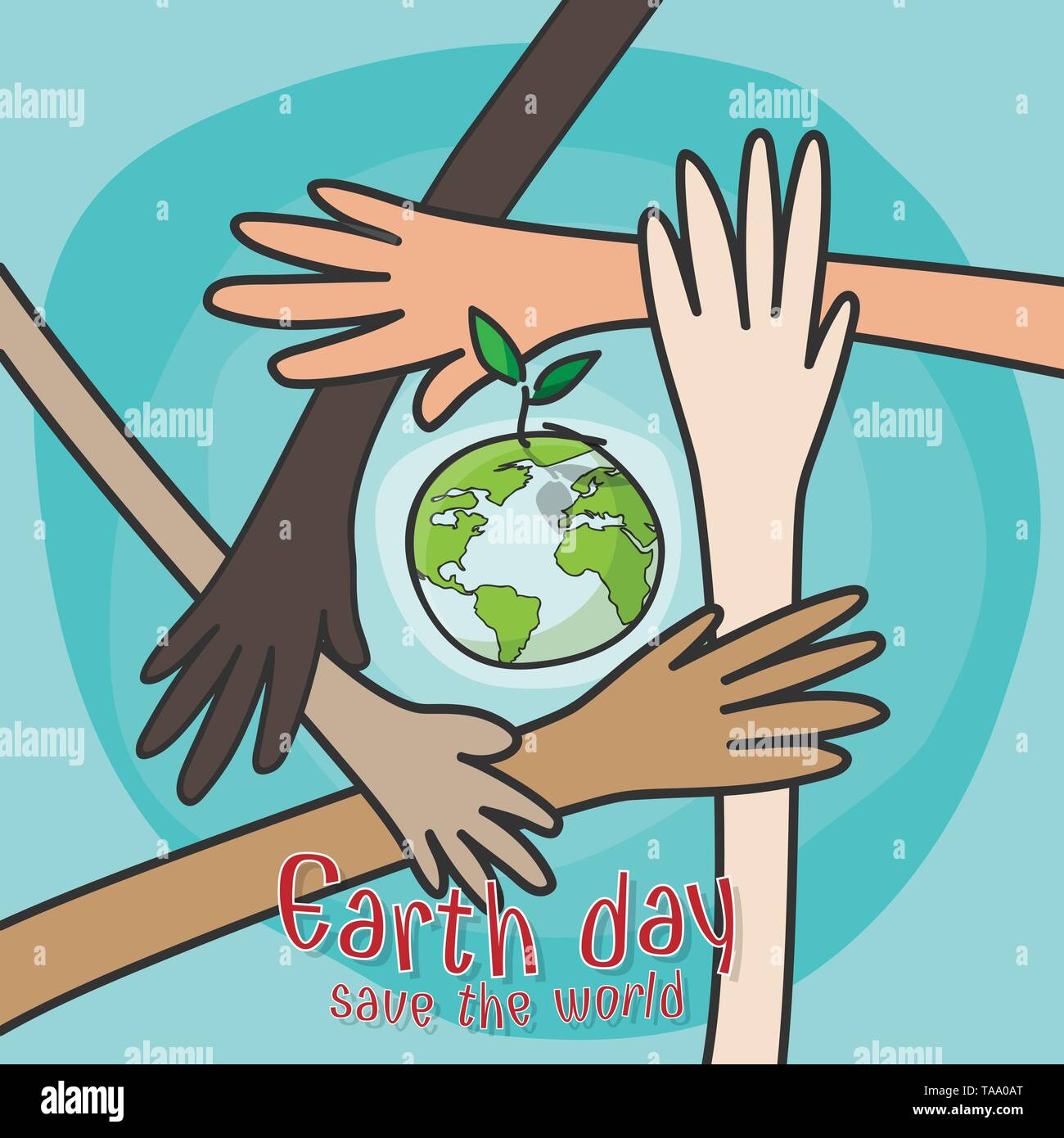 happy earth day , save the world concept. hands of people of different nationalities working together for saving environment nature conservation and c Stock Vector