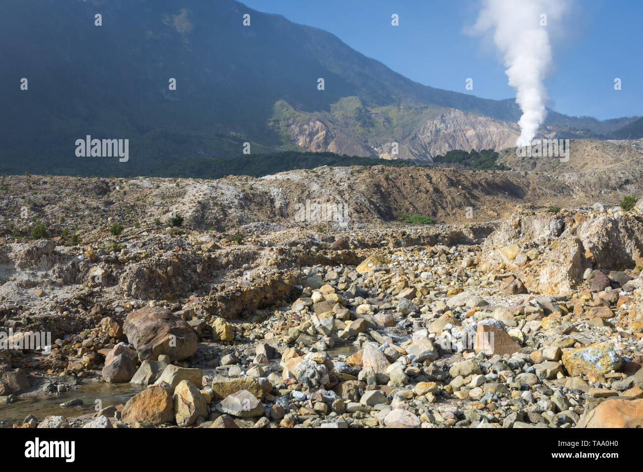 A landscape of rocky track on mount Papandayan that challenging for the hiker. The most active volcano on Garut. Papandayan Mountain is one of the fav Stock Photo