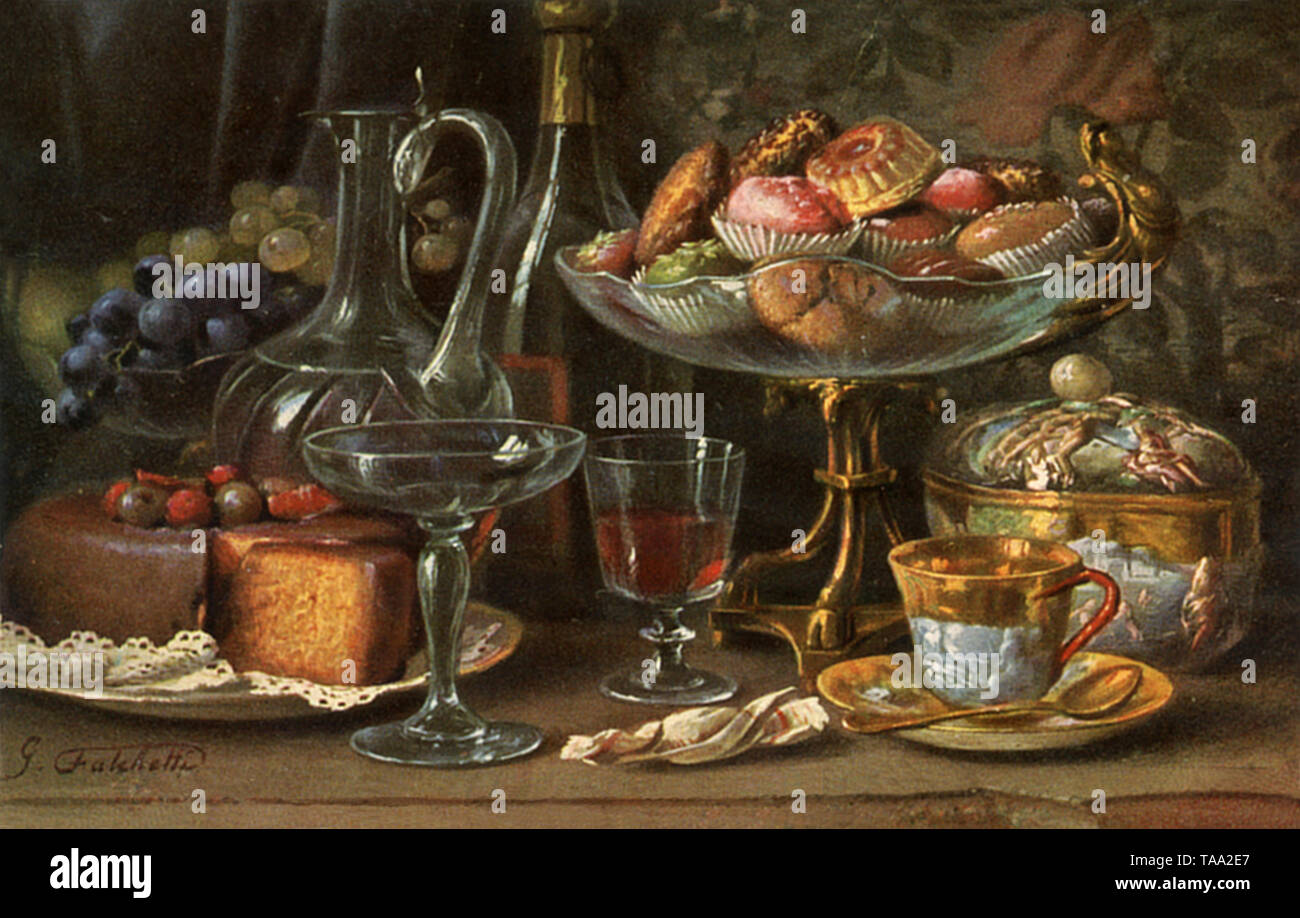 Still life with cake and wine , G Falchetti (postcard, ) Stock Photo