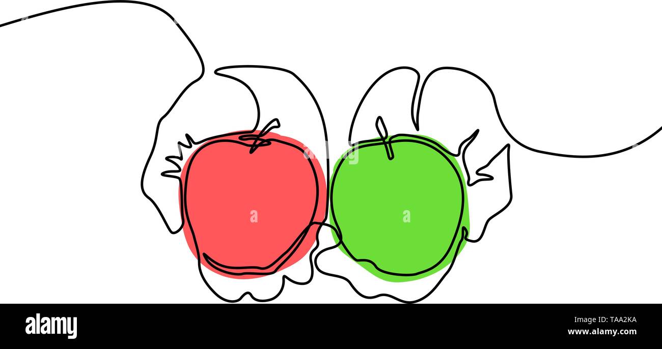 Continuous line Red and green apples in hands. Choice concept. Stock Vector