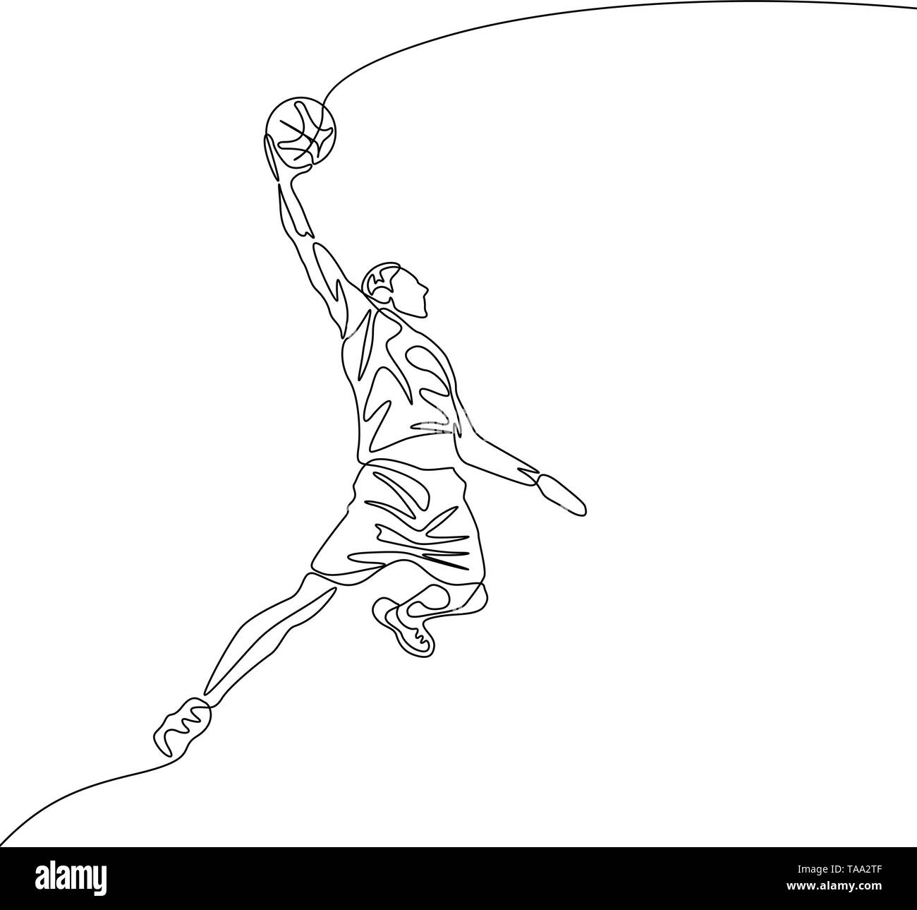 Continuous one line drawing basketball player jumps doing slam dunk