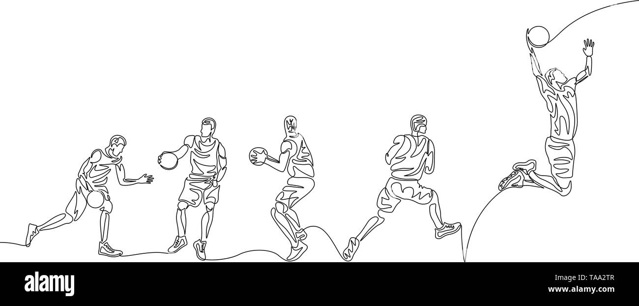 Continuous line basketball player step by step doing slam dunk Stock