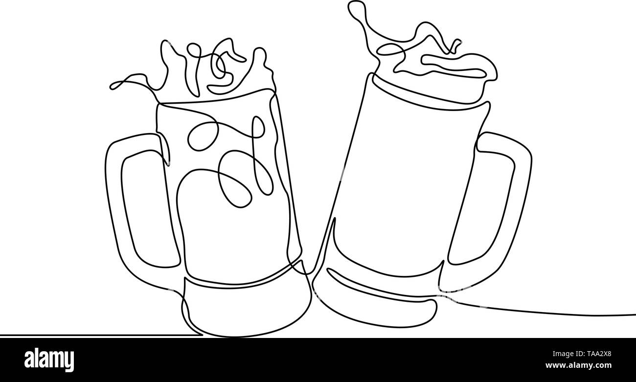 Continuous line drawing two glasses of bear clinking. Beer spray