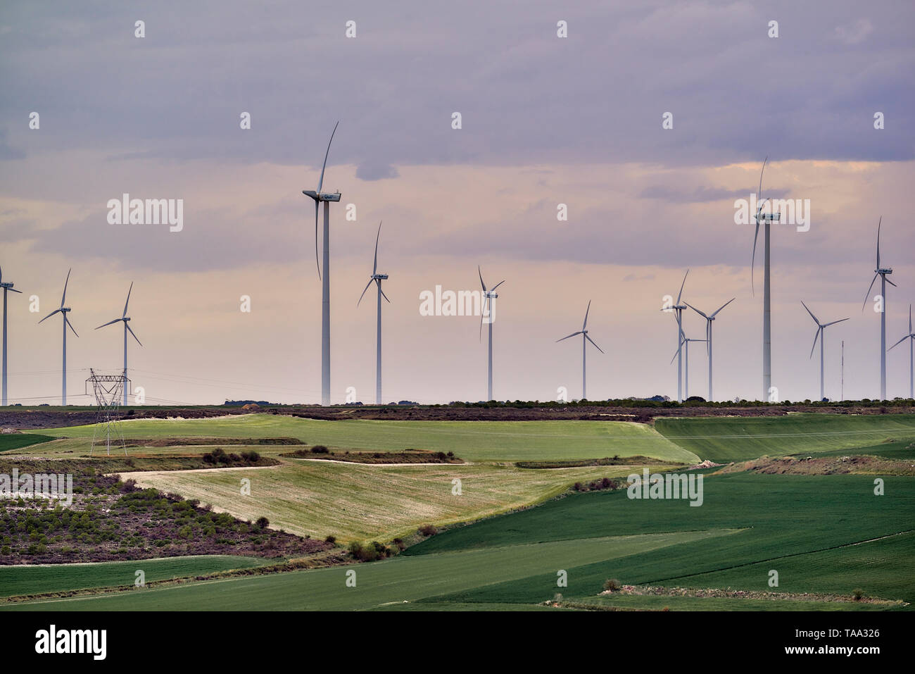 Spanish wind farm. Parque Eolico in the province of Valladolid a wind farm located near the village  Peñaflor of Hornija, Castile and Leon, Spain Stock Photo