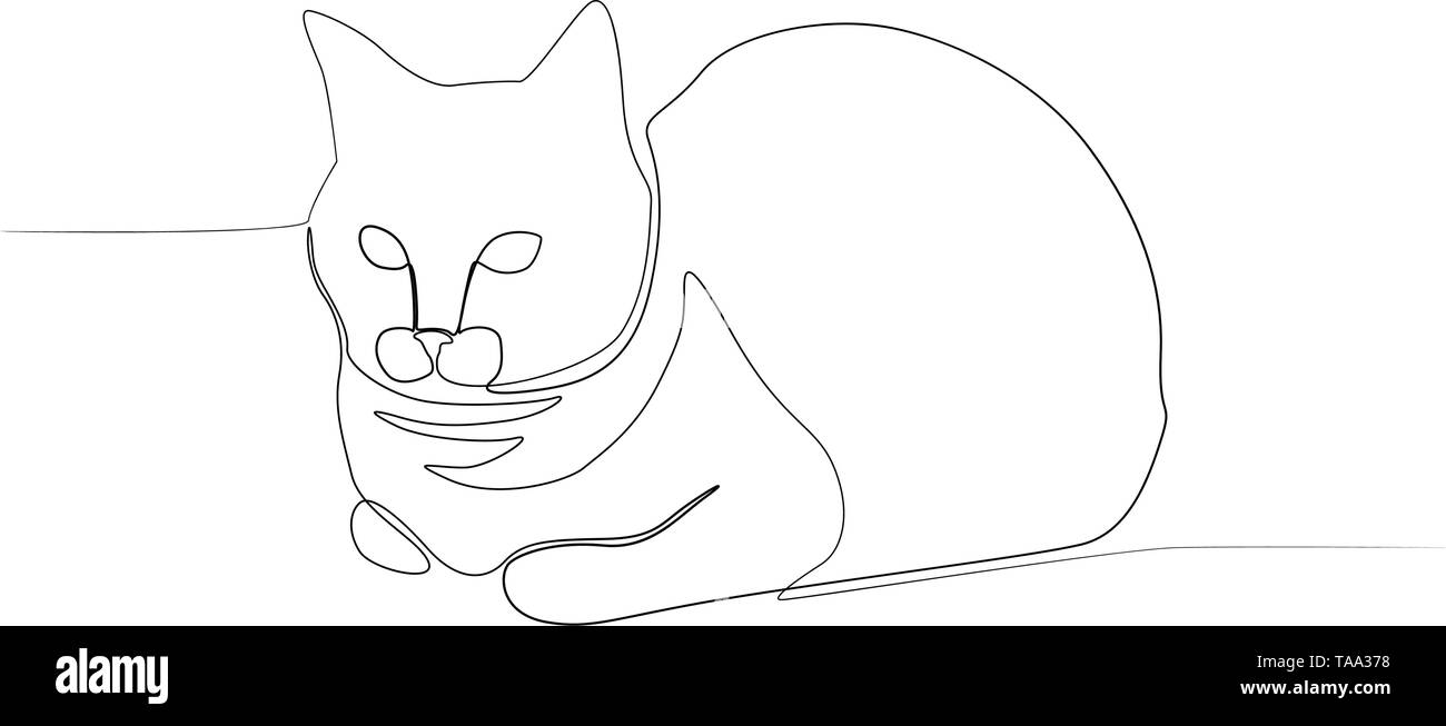 Continuous line sitting cat. Cat bun. New minimalism. Vector