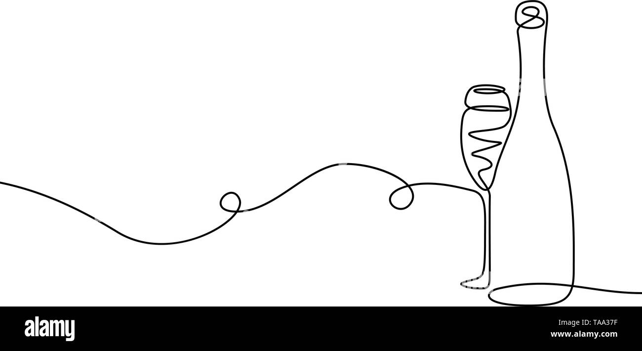 Continuous one line drawing Champagne with a glass Stock Vector Image