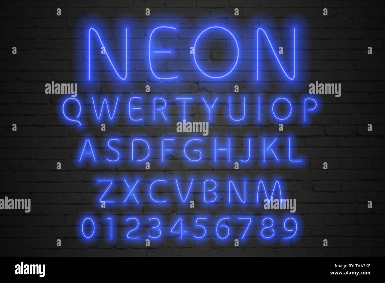 Glowing blue neon alphabet. Neon letters and numbers Stock Vector