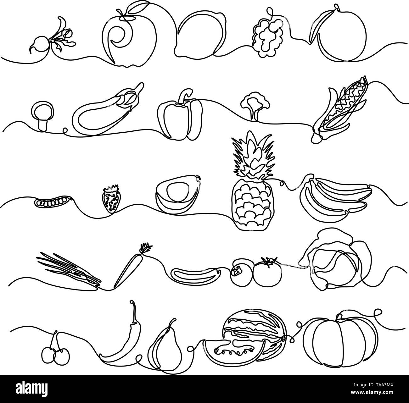 Continuous line Fruits and Vegetables. Design element for grocery store, vegetable shop. Vector illustration. Stock Vector