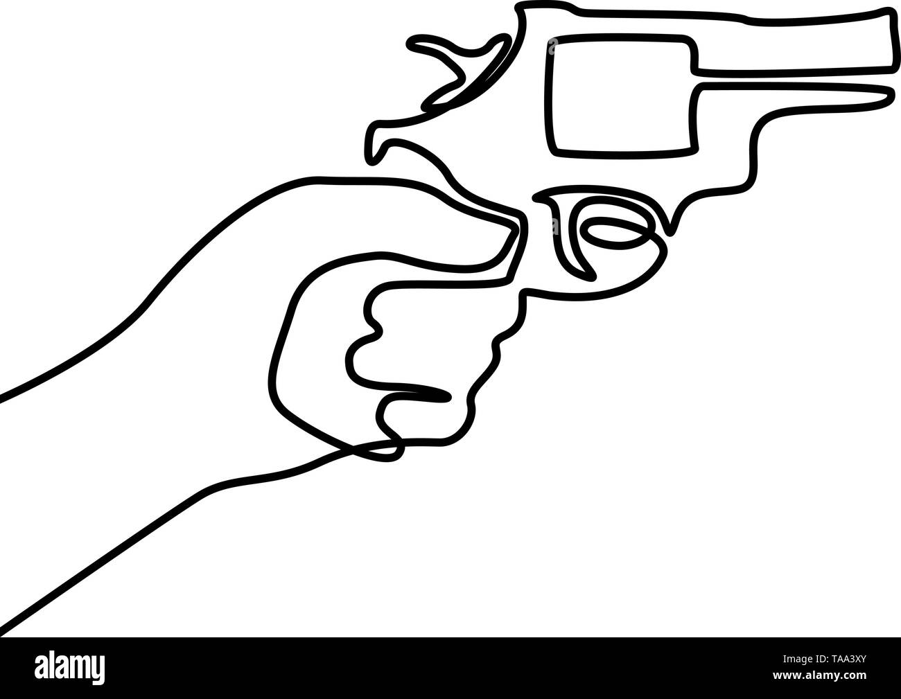 Continuous one line drawn hand holds a revolver.  Vector. Stock Vector