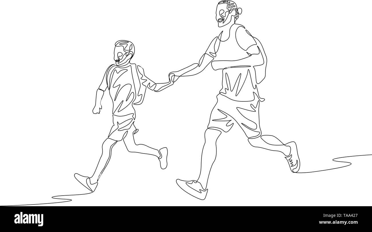 Continuous line father and son running together holding the hands Stock Vector