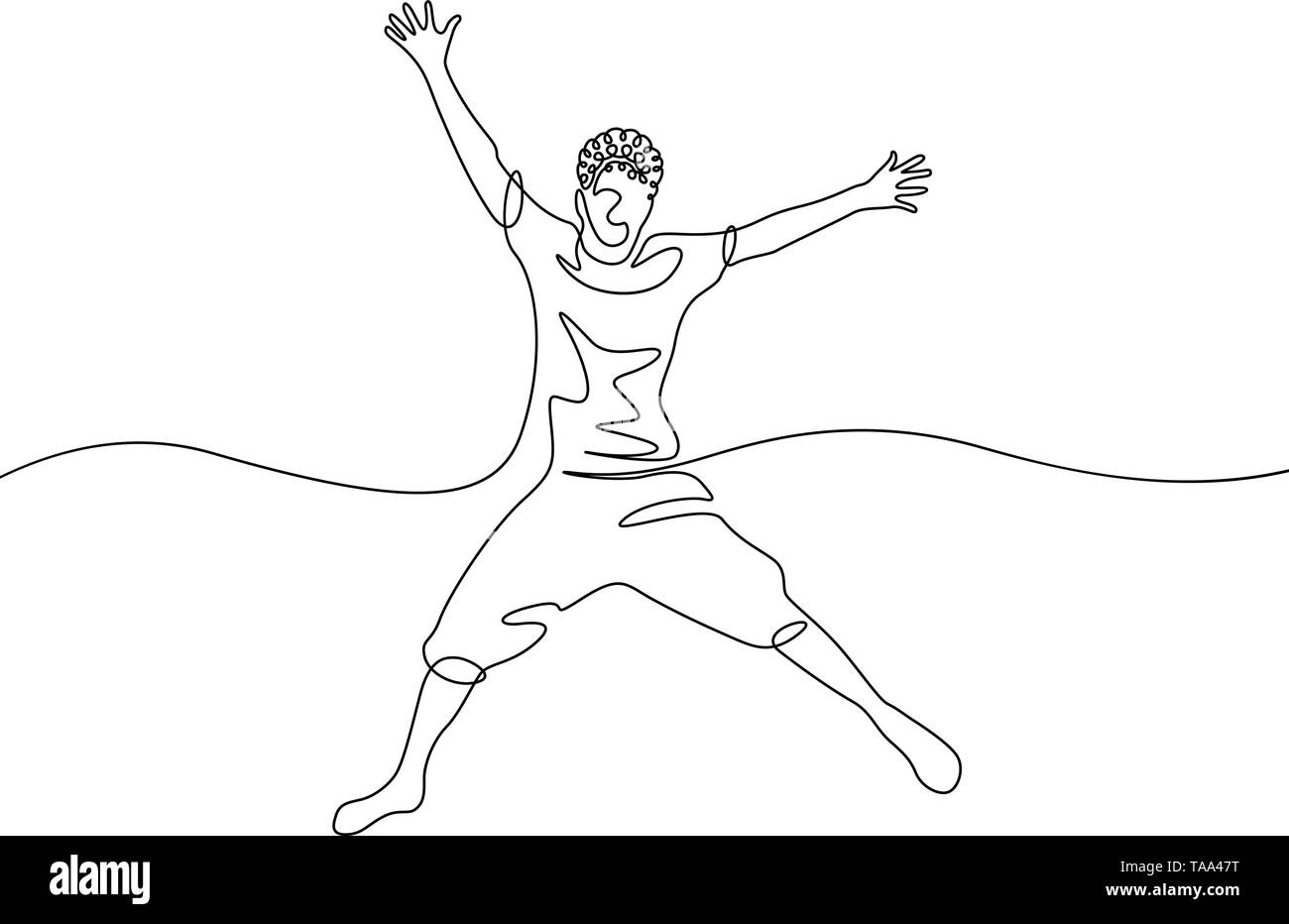 Continuous one line drawing happy jumping boy Stock Vector