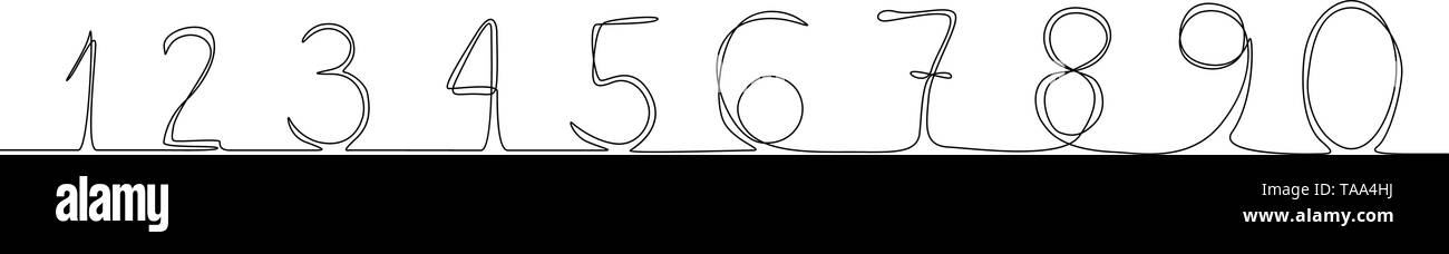 Continuous line numbers 0-9. New minimalism. Doodle numbers. Continuous line set of numbers. Stock Vector