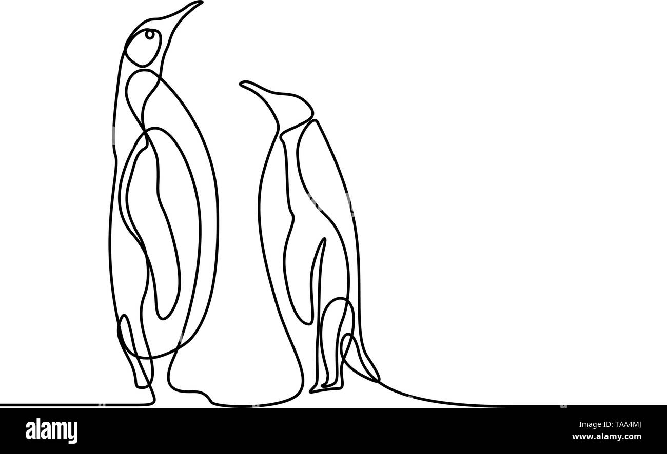 Continuous line drawing two penguins stand opposite each other. Love concept. Stock Vector