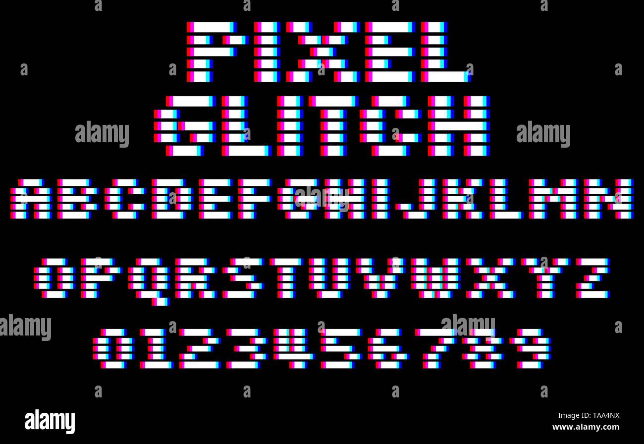 Glitch pixel font. Set of 8 bit style latin letters and numbers Stock Vector