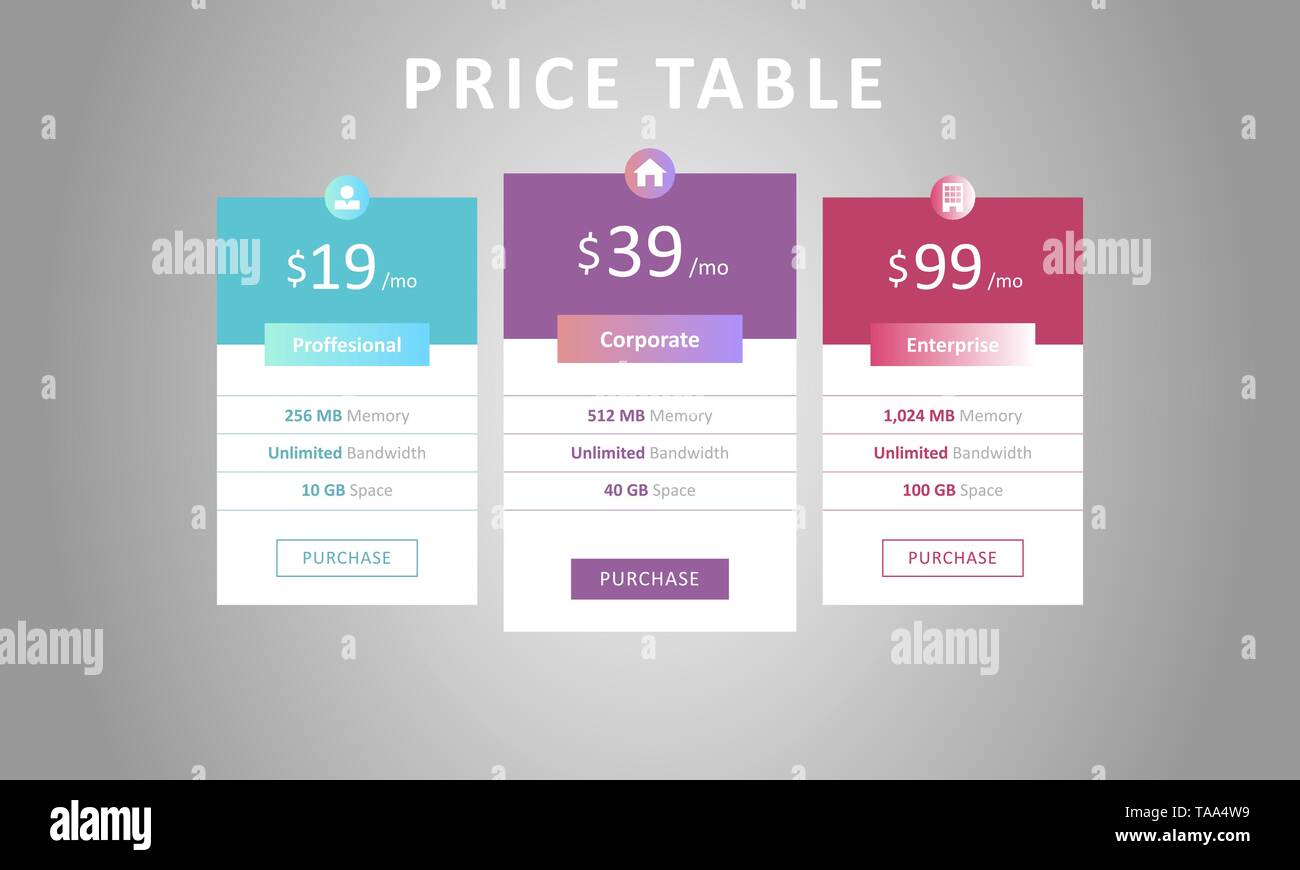Colorful three tariffs for cloud service, interface for the site Stock Vector