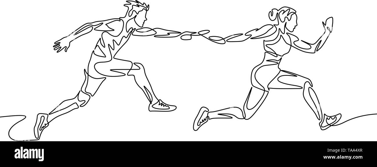 Continuous one line drawing relay race, runner passes the baton. Teamwork concept. Stock Vector