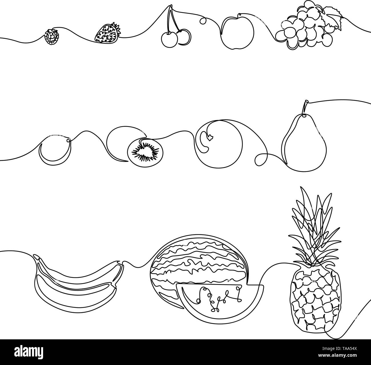 Continuous one line set of fruits, design elements for grocery, tropical fruits. Vector illustration. Stock Vector