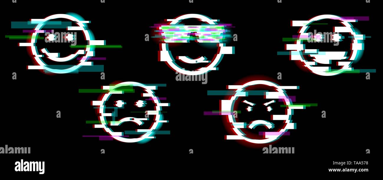 Emoji Icons Set Of Smile With Different Emotions Fun Sad Cool Angry Laugh Glitch Effect Stock Vector Image Art Alamy