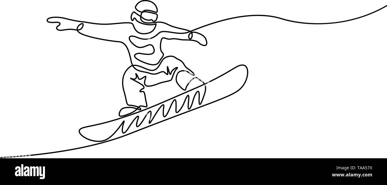 Continuous one line snowboarder jumps, extreme and winter sport theme vector Stock Vector