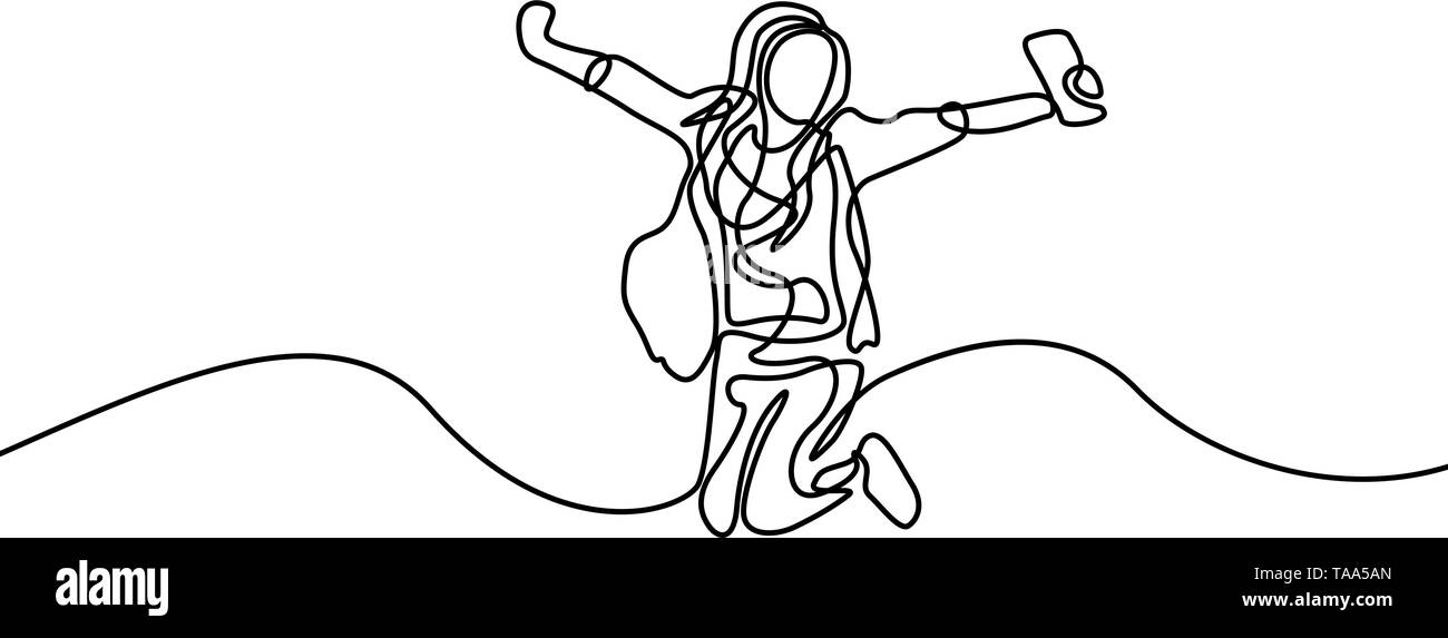 Continuous line happy student girl jumping. First day of college ...