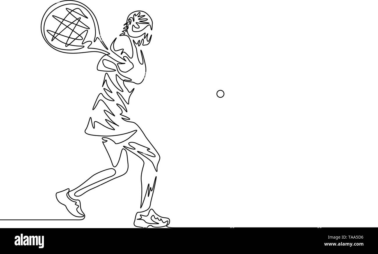 Continuous one line drawing woman tennis player swings to hit the ball