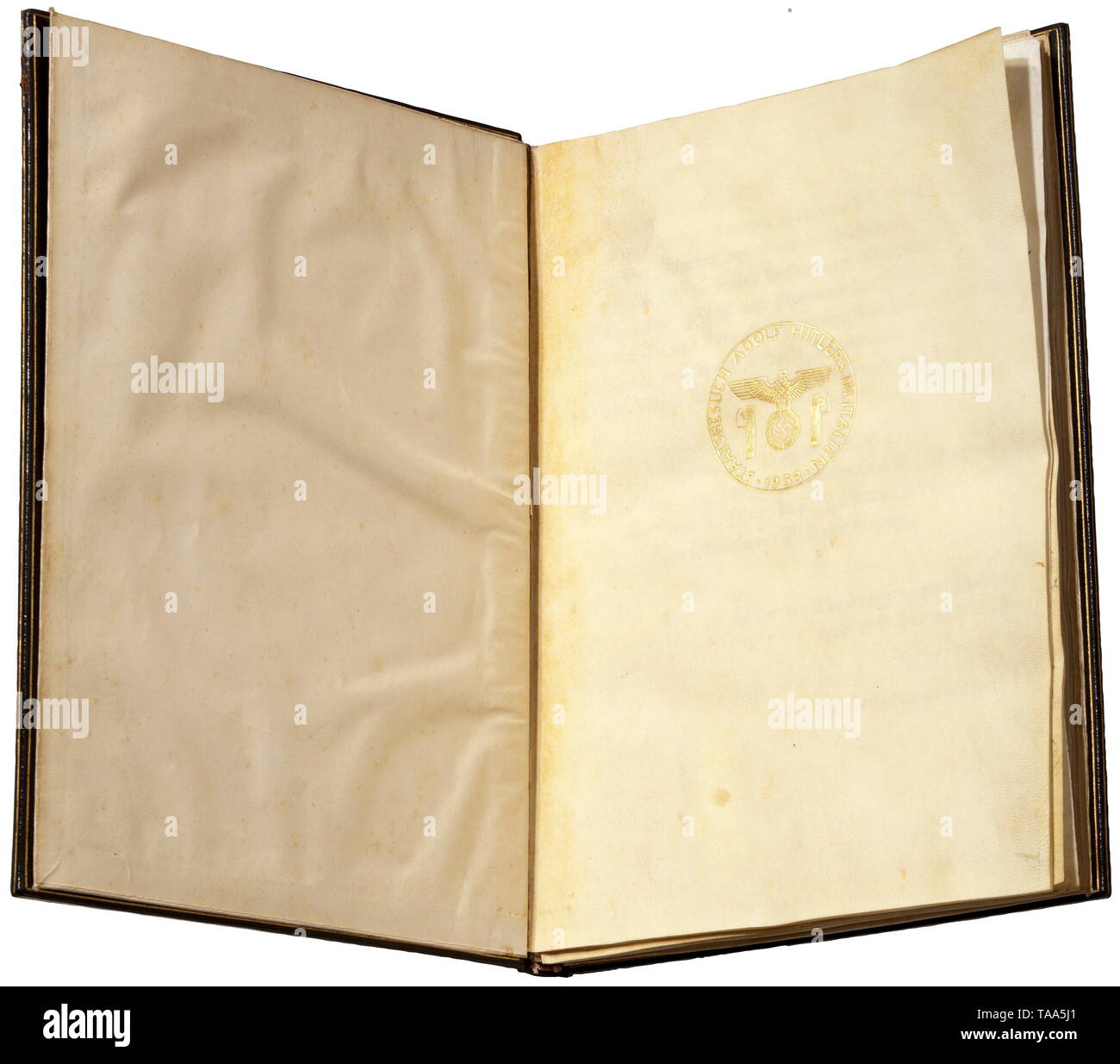 Adolf Hitler - presentation volume for his visit in Italy 1938 Magnificent presentation volume with the signatures of all members of Local Groups Milan (334), Rome (184), Turino (82), Genoa (65), Merano (61), Naples (88), Venice (42), Trieste (28), Florence (40) etc, all together 1169 signatures on parchment. A calligraphic dedication on the flyleaf from the national group leaders, diplomatic envoys in Italy, and SS-Brigadeführer Erwin Ettel with a signature 'Ettel' in his own hand. Dark-blue leather binding stamped in gold. In a red leather velvet lined presentation case (, Editorial-Use-Only Stock Photo