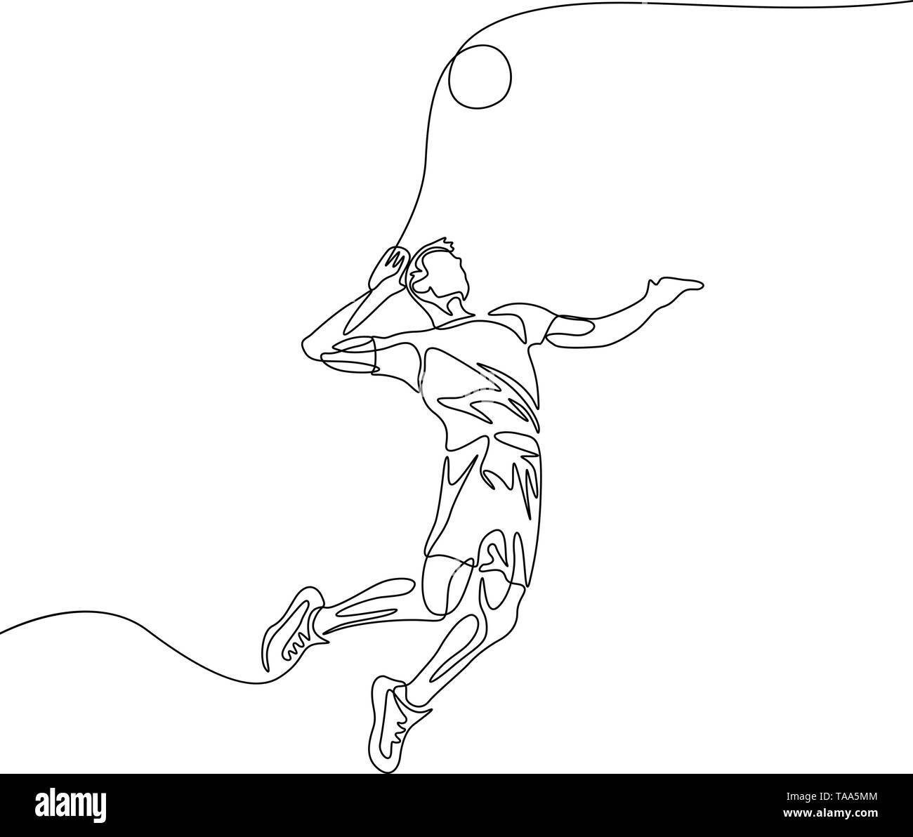 Continuous one line volleyball player man jumps to throw the ball Stock