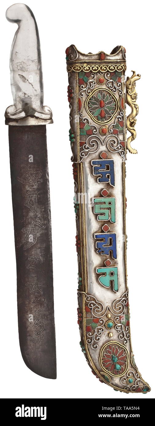 A Mongolian deluxe ceremonial knife, 19th/20th century Sturdy single-edged blade with engraved characters on both sides and a carved quartz grip. Silver and partially gilt scabbard, both sides with a rich inlay of turquoise, coral, carnelian and lapis lazuli in a soldered silver mounting. Lateral carrying eyelets in the shape of three dimensional, gilt dragons. Length 43 cm. historic, historical, Asia, Asian, Far East, Tibetan, Nepalese, Nepali, object, objects, stills, clipping, clippings, cut out, cut-out, cut-outs, 19th century, Additional-Rights-Clearance-Info-Not-Available Stock Photo