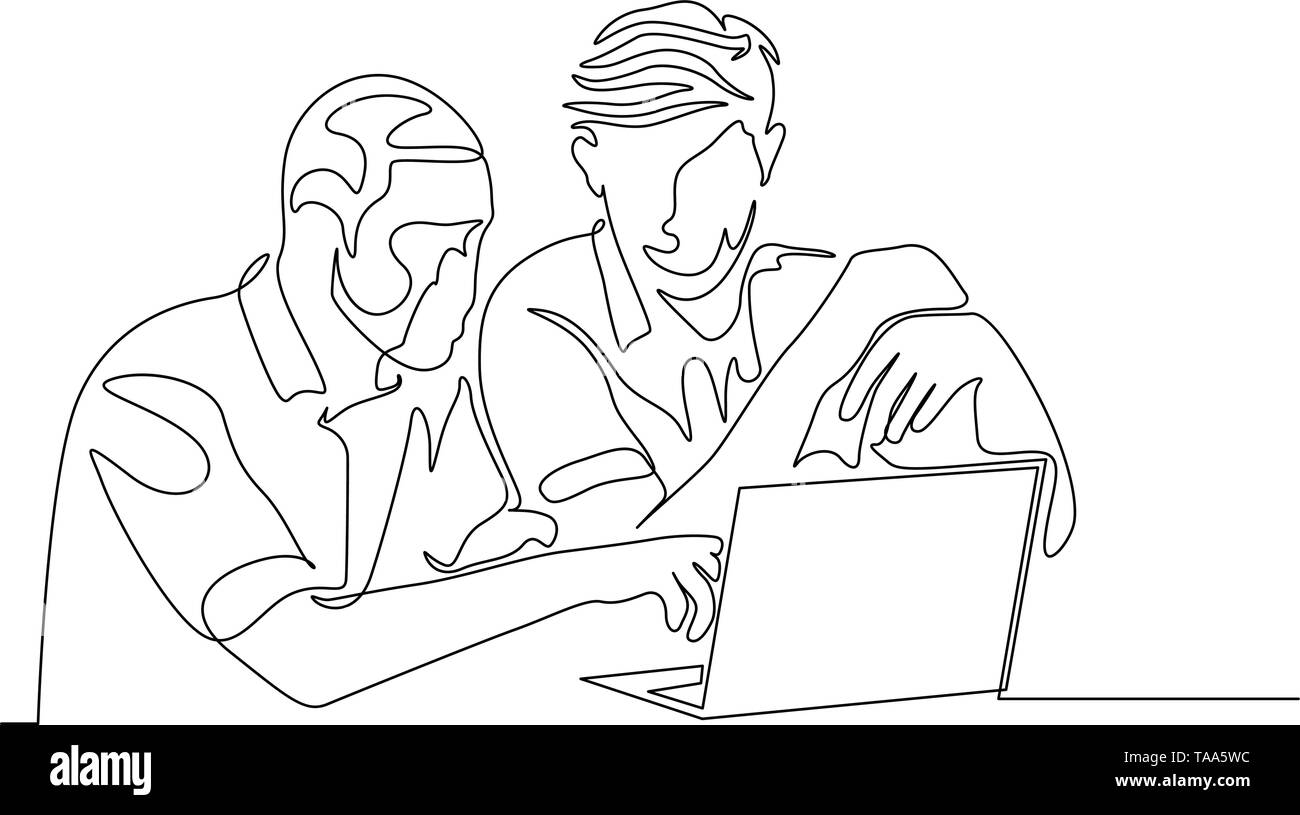 Continuous One Line Drawing Two Mans Work Together With Help Laptop Stock Vector Image Art Alamy