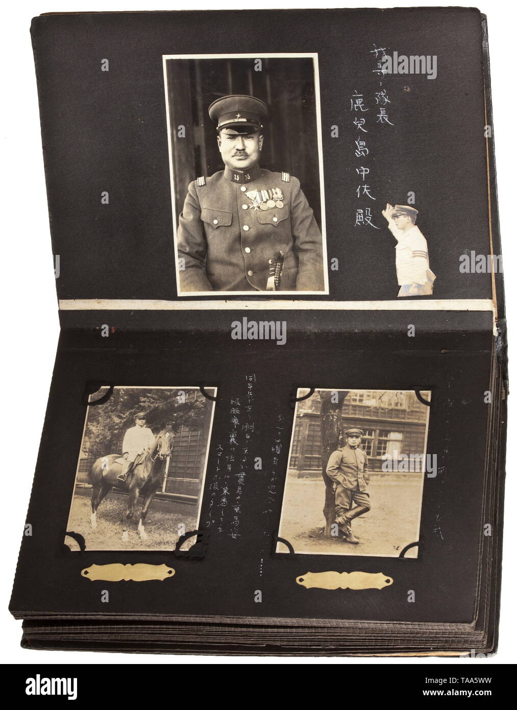 Four photo albums of an embassy or military member Partly inscribed albums with approx. 390 photographs, timeframe 1920s - 30s. Shown are soldiers, portrays and groups with uniform and decoration details. Transport of troops on river, aerial views of barracks, cavalry steeplechase, practice firing, encampments, sleeping quarters, mustering and parades etc. Mainly military but also civilian photographs. Furthermore roads, factories, events, landscapes, freighters "Kobe Maru" and "Kamo". Two albums with Japanese inscriptions, leather and linen cove, Additional-Rights-Clearance-Info-Not-Available Stock Photo