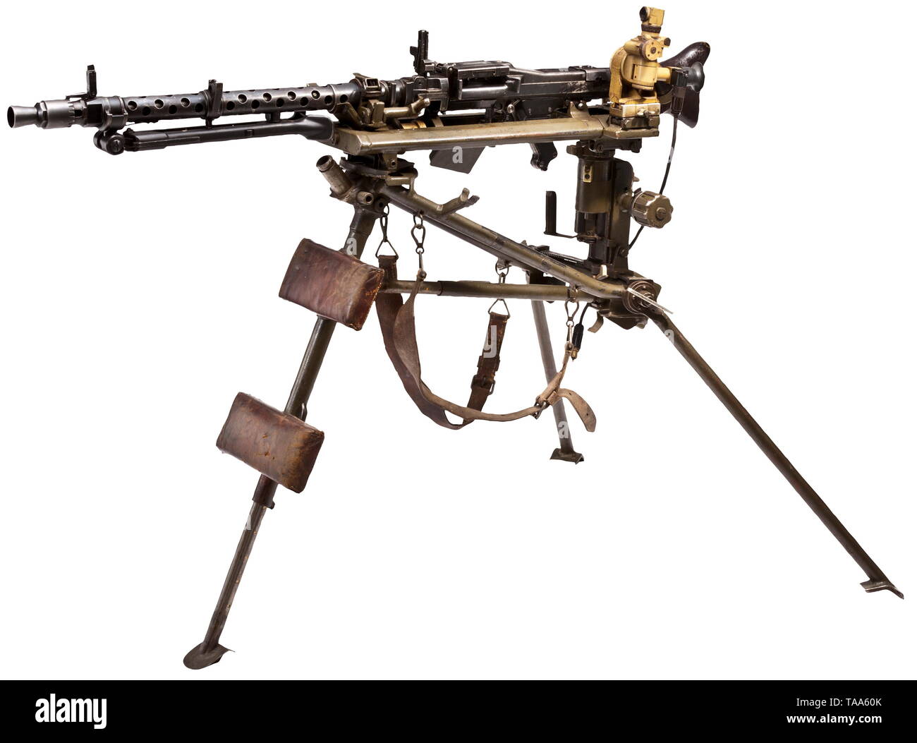 An original MG 34 on field carriage, de-activated weapon Cal. 8 x 57, no matching numbers. A 1938 BSW production. Bipod. Original finish with signs of usage. Good to very good overall condition. All parts moveable. Certified modification. Original tripod carriage from 'S/652' 1941 production, acceptance mark eagle/WaA79, green Wehrmacht varnish, little signs of usage. Complete with aluminium overhead firing table, knee pad with leather cover and both leather carrying straps. Technically in good order. Comes with complete, mounted, sand-coloured varnished target optics, code, Editorial-Use-Only Stock Photo