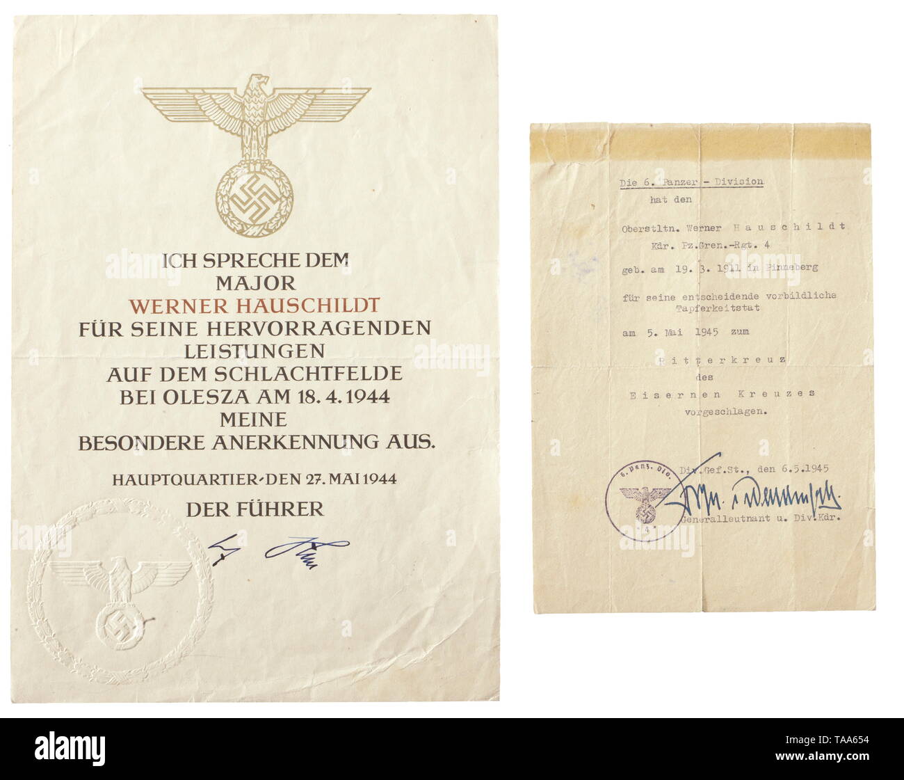 Documents and photos of Oberstleutnant Werner Hauschildt, commander of Panzer Grenadier Regiment '4' in 6th Panzer Division Documents: Commendation Certificate for Outstanding Services on the Battlefield of 'Olesha' dated 27 May 1944 with original signature of Adolf Hitler, dimensions 21 x 29.5 cm. Recommendation for the Knight's Cross of the Iron Cross dated 6 May 1945 with original signature of General Freiherr von Waldenfeld. Preliminary possession document for the German Cross in Gold dated 30 April 1943, along with various best wishes letters and telegrams. Award docum, Editorial-Use-Only Stock Photo