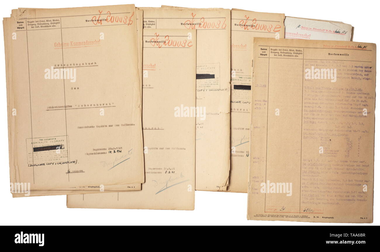 Five war diaries and reports from the battleship 'Scharnhorst' War Diary ('Kriegstagebuch'=KTB) for the period 16 - 29 January 1941, copy on KTB printed form, 38 pages, KTB for the period 30 January - 5 February 1941, as before, 24 pages, KTB for the period 15 - 27 February 1941, as before, 50 pages, KTB for the period 28 February - 10 March 1941, as before, 52 pages. Coverage includes the experiences of the battleship 'Scharnhorst' during Atlantic operations from 22 January through 22 March 1941. The reports cover general events and experiences on board, naval architecture, Editorial-Use-Only Stock Photo