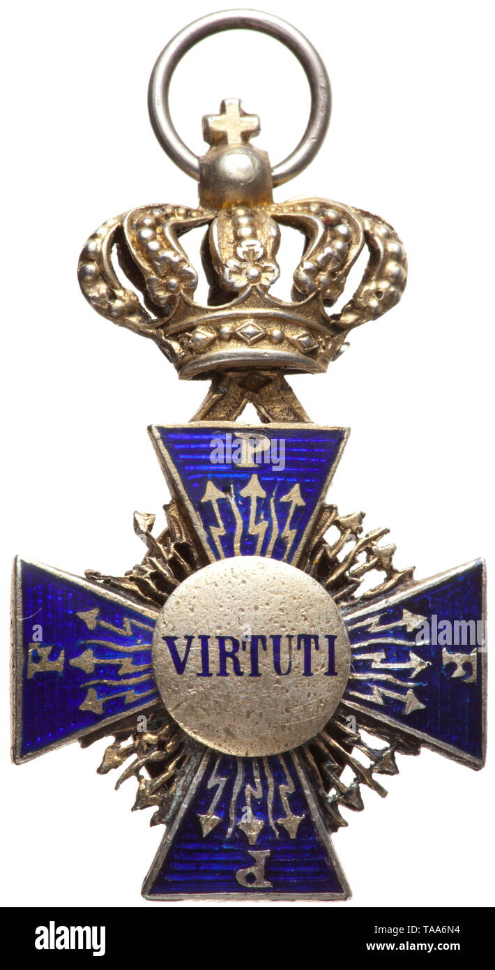 Order of Merit of St. Michael - a Commander's Cross in miniature until 1887 Silver, partly enamelled and gilded. Good original condition and quality. Dimensions 3.7 x 2.2 cm, weight 8 g. historic, historical, medal, decoration, medals, decorations, badge of honour, badge of honor, badges of honour, badges of honor, 19th century, Additional-Rights-Clearance-Info-Not-Available Stock Photo